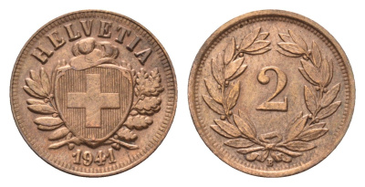 Швейцария 2 раппена 1941 B KM 4.2a бронза 46-941