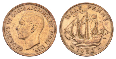 Великобритания 1/2 пенни 1950 Георг VI (1936-1952) KM 868, Spink 4118 бронза    4660-627