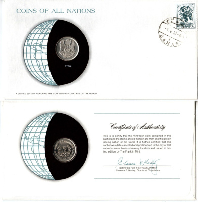Сирия 50 пиастров 1979 конверт с маркой первого дня гашения, Coins of Nations KM 119 медно-никель aUNC 4295-17-3