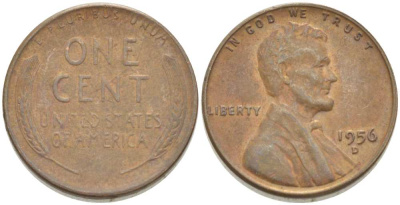 США 1 ЦЕНТ 1956 D, ЛИНКОЛЬН KM А132 медь цинк 218-665
