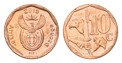 ЮАР 10 центов 2015 герб, цветок алоэ сталь плакированная бронзой UNC 4687-528