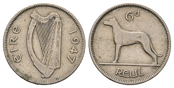 Ирландия 6 пенсов 1947 собака, ирландский волкодав KM 13a медно-никель 4682-551