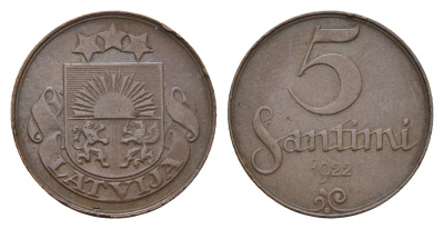 Латвия 5 сантимов 1922 KM 3 бронза 4689-954