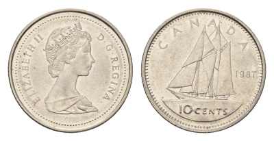 Канада 10 центов 1987 Елизавета II (1952-2022), парусник KM 77 никель 4689-557