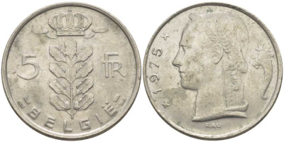 Бельгия 5 франков 1975 Belgie, Бодуэн I (1951-1993) KM 135.1 медно-никель 119-833