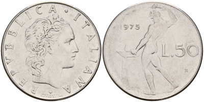 Италия 50 лир 1975 R, бог огня Вулкан у наковальни KM 95.1 сталь    4601-1046