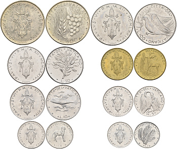 Ватикан набор из 8 монет 1974 1, 2, 5, 10, 20, 50, 100, 500 лир KM 177-183 UNC 5-4-3-23