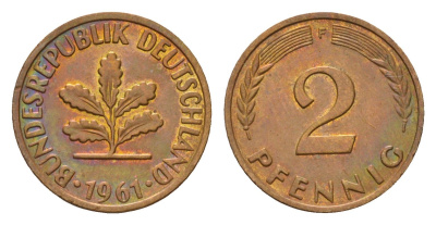 ФРГ 2 пфеннига 1961 F KM 106, J. 381 бронза 105-1251