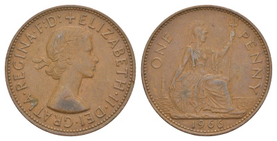 Великобритания 1 пенни 1966 Елизавета II (1952-2022) KM 897, Spink 4157 бронза 4634-931
