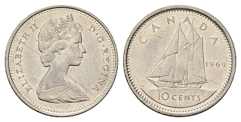 Канада 10 центов 1969 Елизавета II (1952-2022), парусник KM 77 никель 4689-533