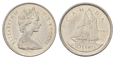 Канада 10 центов 1969 Елизавета II (1952-2022), парусник KM 77 никель 4689-533