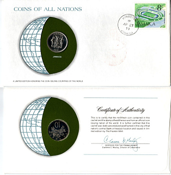 Ямайка 10 центов 1979 конверт с маркой первого дня гашения, Coins of Nations KM 54 медно-никель BU 4295-23-3