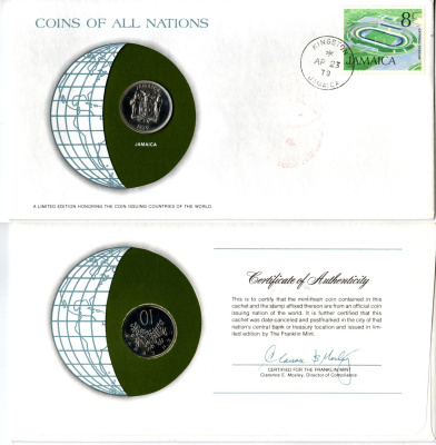 Ямайка 10 центов 1979 конверт с маркой первого дня гашения, Coins of Nations KM 54 медно-никель BU 4295-23-3