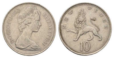 Великобритания 10 пенсов 1969 Елизавета II (1952-2022) KM 912, Spink 4231 (F1) медно-никель 4389-642