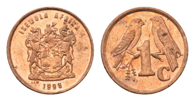 ЮАР 1 цент 1998 герб, капские воробьи KM 170 сталь плакированная медью UNC 4694-228