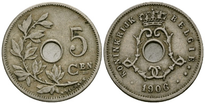 Бельгия 5 сантимов 1906 Belgie, Леопольд II (1865-1909) KM 55 медно-никель 4173-143