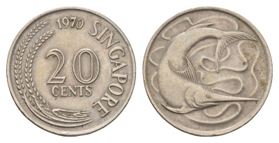 Сингапур 20 центов 1970 голубой марлин, тунец KM 4 медно-никель 4511-627