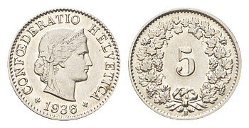 Швейцария 5 раппенов 1936 B KM 26b никель 4705-1229