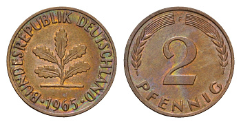 ФРГ 2 пфеннига 1965 F KM 106, J. 381 бронза 211-541