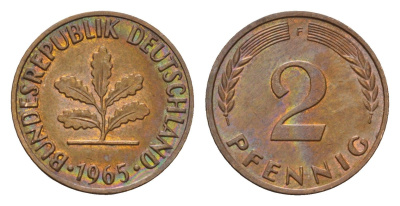 ФРГ 2 пфеннига 1965 F KM 106, J. 381 бронза 211-541