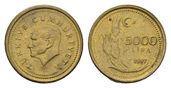 Турция 5000 лир 1997 Кемаль Ататюрк KM 1029.1 латунь UNC 4635-922