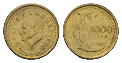 Турция 5000 лир 1997 Кемаль Ататюрк KM 1029.1 латунь UNC 4635-922