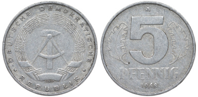 ГДР 5 пфеннигов 1968 A KM 9.1 алюминий 62-143