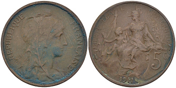 ФРАНЦИЯ 5 САНТИМОВ 1911 ТИП ДАНИЭЛЬ ДЮПЮИ KM 842, LE FRANC 119.23 бронза 28-557