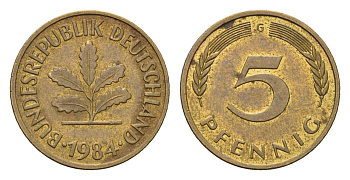 ФРГ 5 пфеннигов 1984 G KM 107, J. 382 сталь плакированная латунью 4684-1166