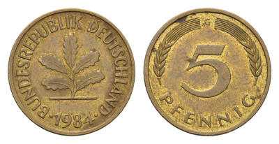 ФРГ 5 пфеннигов 1984 G KM 107, J. 382 сталь плакированная латунью 4684-1166