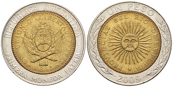 Аргентина 1 песо 2009 D, майское солнце, 8 эскудо 1813 KM 112.1, CJ 6.16.2, Schon 113  биметалл    60-625