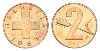 Швейцария 2 раппена 1967 B KM 47 бронза UNC 4705-1213