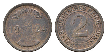 Германия 2 рейхспфеннига 1924 A KM 38 бронза 4685-662