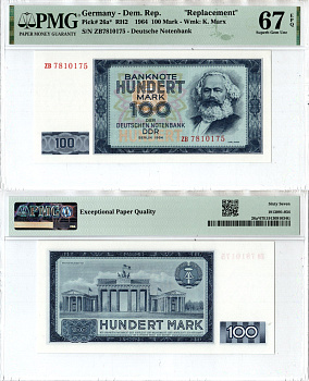 ГДР 100 марок 1964 в слабе компании PMG - 67, замещение Pick 26 a* бумага UNC (пресс) 452-1-170