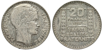 Франция 20 франков 1933 Пьер Тюрен KM 879, Le Franc 400.3 серебро 1067-2-15