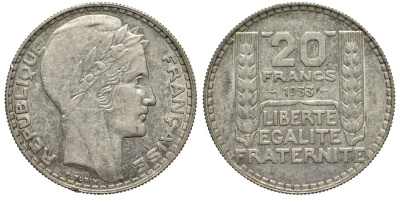 Франция 20 франков 1933 Пьер Тюрен KM 879, Le Franc 400.3 серебро 1067-2-15