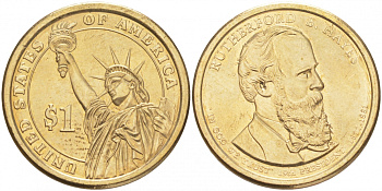 США 1 доллар 2011 P, Президент США - Ратерфорд Хейз (1877-1881) KM 501 медь с марганцево-латунным покрытием UNC 00-00