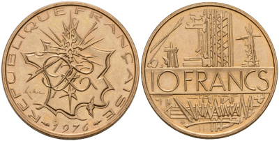 Франция 10 франков 1976 тип Матье KM 940, Le Franc 365.7-8 никель латунь  UNC  4187-327