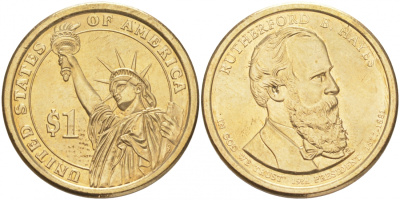 США 1 доллар 2011 P, Президент США - Ратерфорд Хейз (1877-1881) KM 501 медь с марганцево-латунным покрытием UNC 00-00