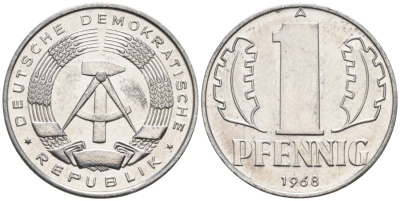 ГДР 1 пфенниг 1968 А KM 8.1 алюминий aUNC 4564-1026
