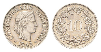 Швейцария 10 раппенов 1943 B KM 27 медно-никель 4708-157