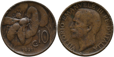 ИТАЛИЯ 10 ЧЕНТЕЗИМО 1921 R, МОНДВОР РИМ, ВИКТОР ЭММАНУИЛ III (1900-1946) KM 60 медь 76-933