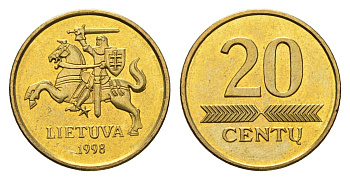 Литва 20 центов (сентов) 1998 KM 107 никель латунь UNC 4689-1136