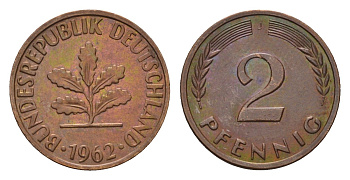 ФРГ 2 пфеннига 1962 J KM 106, J. 381 бронза 4564-232