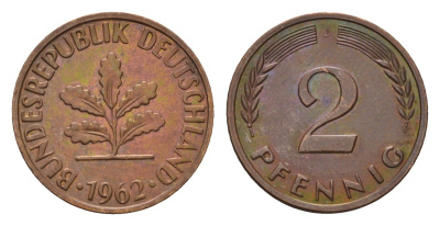 ФРГ 2 пфеннига 1962 J KM 106, J. 381 бронза 4564-232
