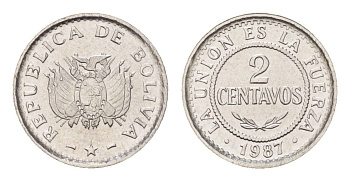 Боливия 2 сентаво 1987 год-тип KM 200 нержавеющая сталь UNC 4685-544