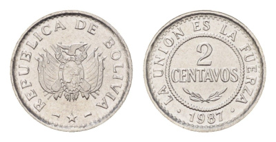 Боливия 2 сентаво 1987 год-тип KM 200 нержавеющая сталь UNC 4685-544