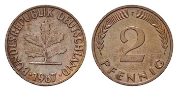 ФРГ 2 пфеннига 1967 F KM 106, J. 381 бронза 3458-719