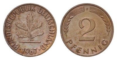 ФРГ 2 пфеннига 1967 F KM 106, J. 381 бронза 3458-719