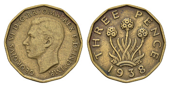 Великобритания 3 пенса 1938 Георг VI (1936-1952) KM 849, Spink 4112 никель латунь 92-946